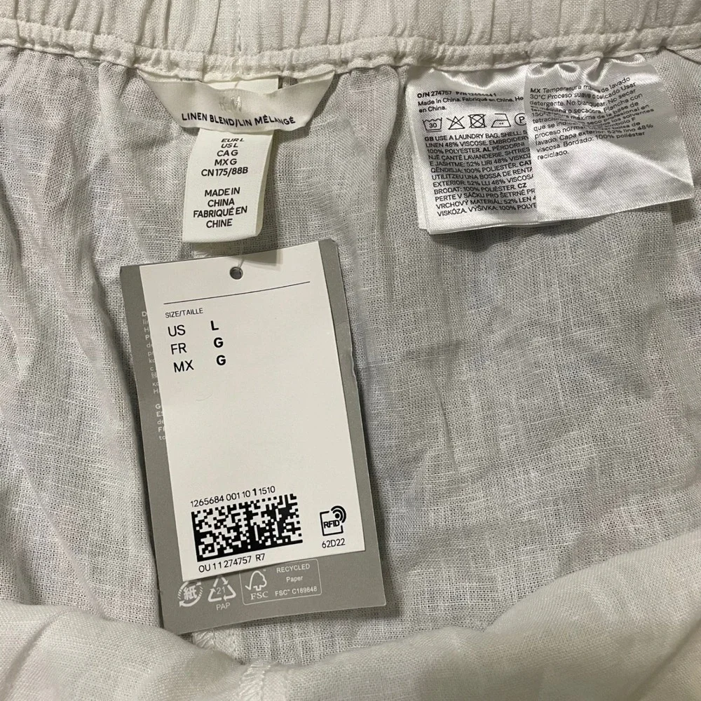 H&M Pants Womens L White Linen Blend Crochet Lace Wide Leg Boho Trousers NEW